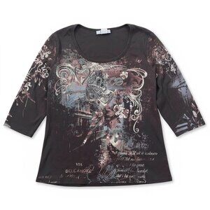 Dressbarn Y2K Top Womens 1X Brown Venice Gondola Rhinestone Cottage Grunge Artsy